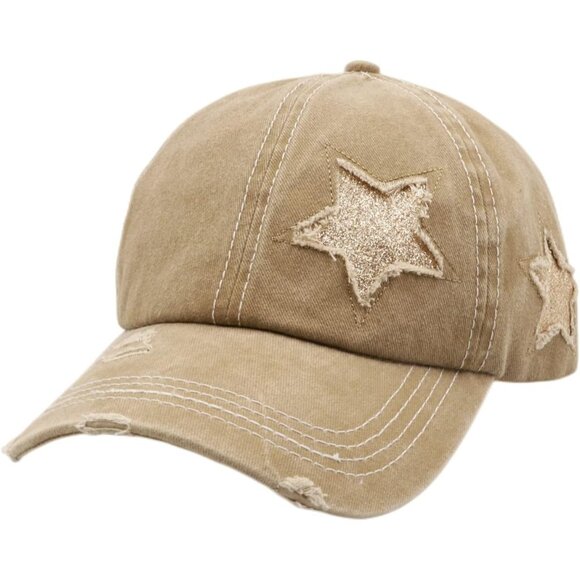 Womens Pony Hat High Ponytail Baseball Cap 0001-star Solid Fabric Khaki - Picture 2 of 4